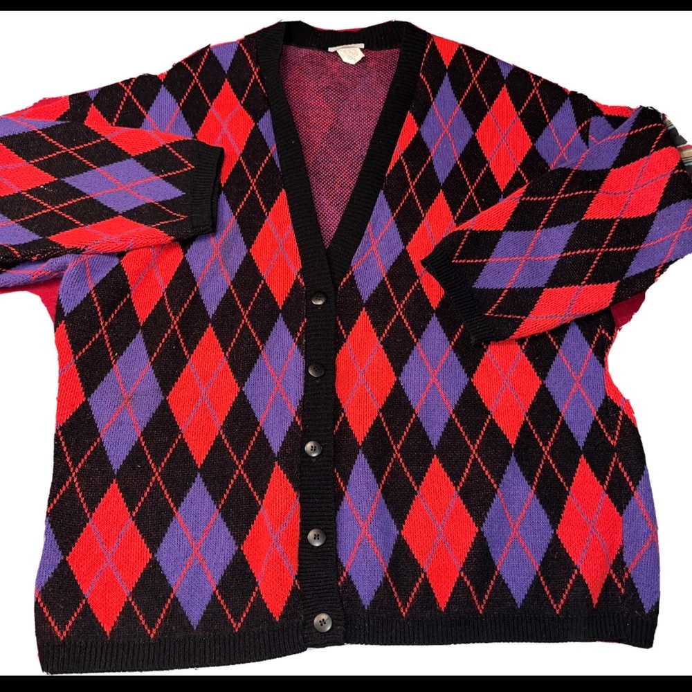 90s ARGYLE SWEATER red Purple Black BUTTON Cardigan Dark Acedemia Punk RARE XXL